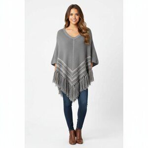 American Eagle Outfitters Women Gray Wool Blend Knit Fringed Poncho Sweater L/XL